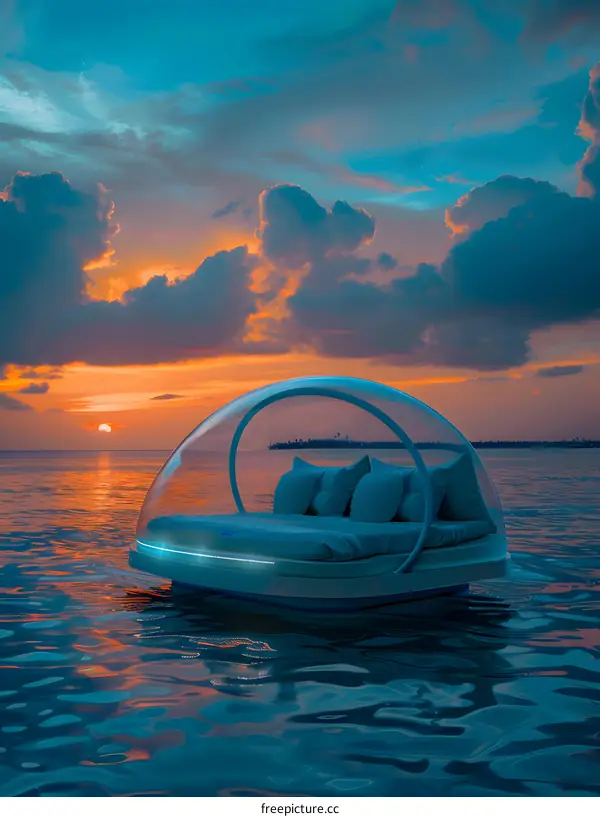 Floating Bed with Dome Under Sunset Sky