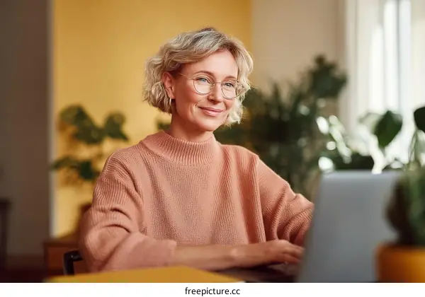 Woman Working on Laptop in Cozy Home Office