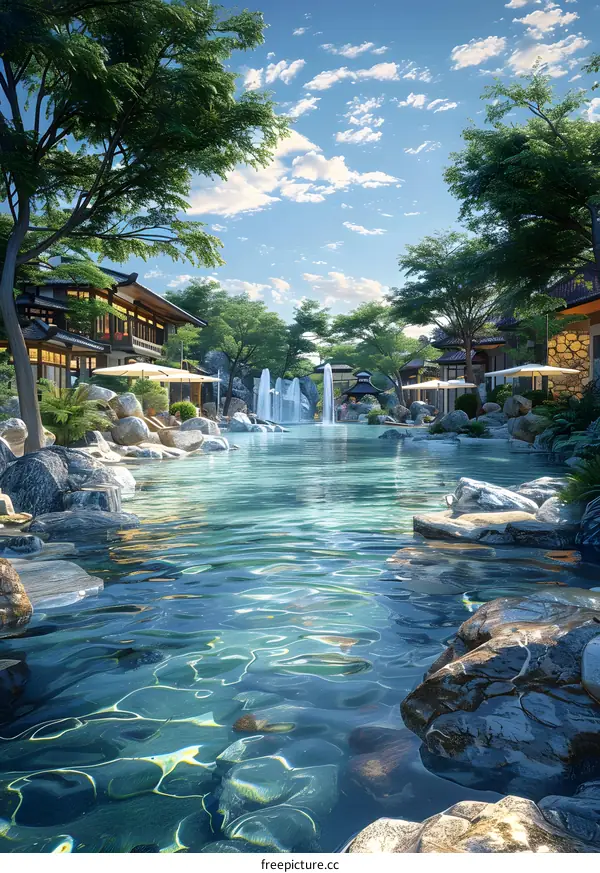 Courtyard with a reflecting pool and a fountain in the middle