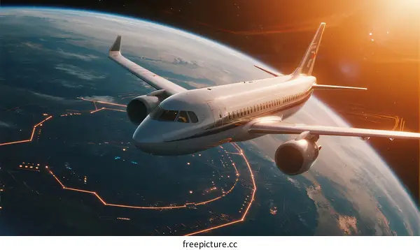 Airplane Flying Above Earth's Surface with City Lights