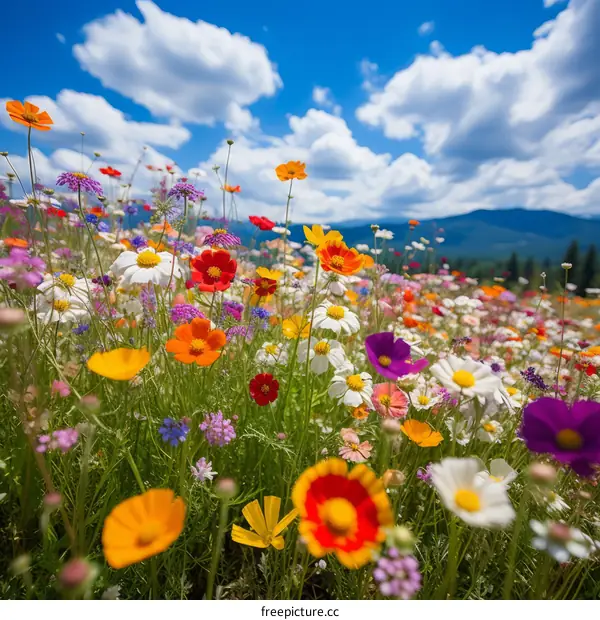 Wildflowers Blossom with Mountains in Distance
