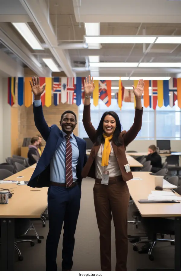Two people of African and Indian descent are standing in a room with flags of different countries on the walls.