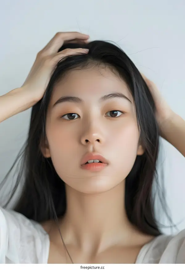 Asian Woman With Long Black Hair Looking At The Camera