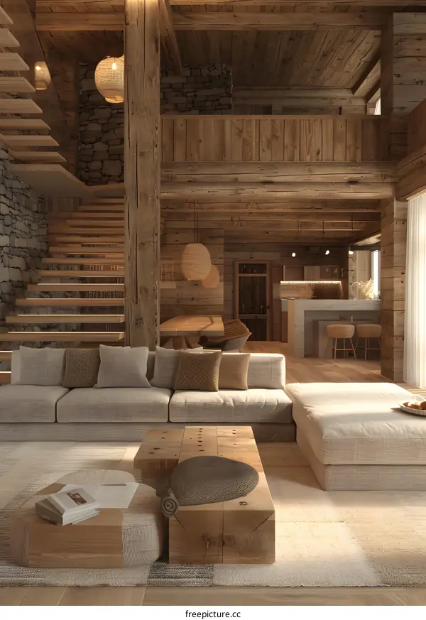 Modern mountain house interior living room with wood walls and stone accents