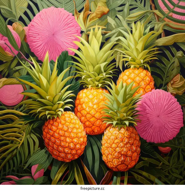 Tropical painting of pineapples and pink flowers