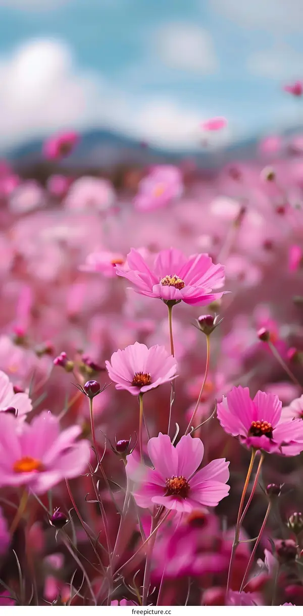 Pink Cosmos Flowers Field With Blue Sky
