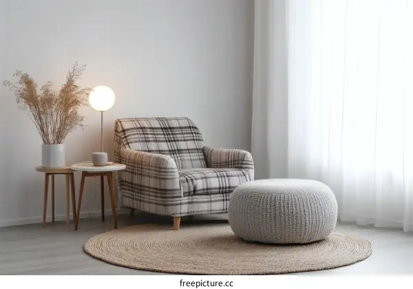 Cozy Living Room with Plaid Chair and Round Pouf