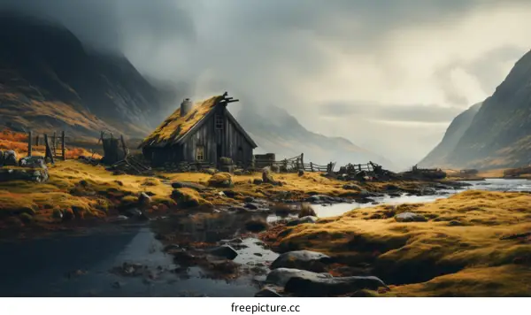 Thatched roof house in valley with river and mountains in background
