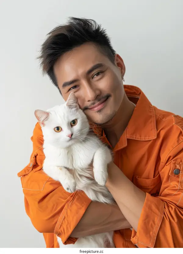 A smiling Asian man in an orange jumpsuit poses with a white cat in his arms.