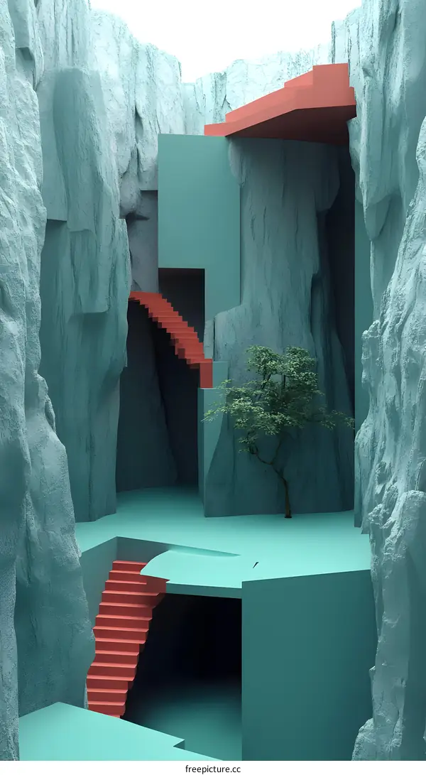 Abstract Minimalist 3D Render of a Canyon with Red Stairs and a Tree