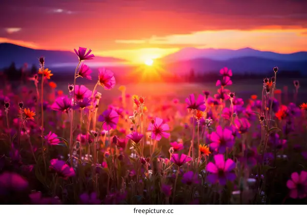Field of pink flowers at sunset
