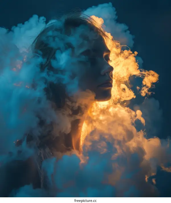 Portrait of a woman with blonde hair and blue eyes surrounded by smoke