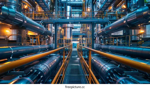 The maze of pipes and catwalks in an industrial building