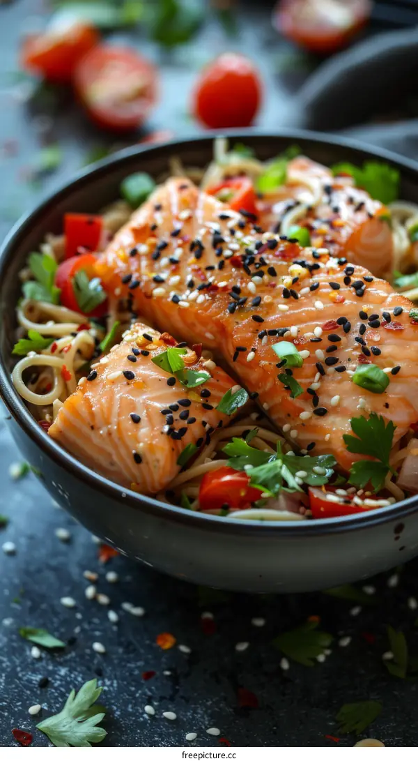 Salmon with noodles and vegetables in a bowl