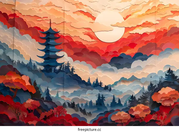 Layered Paper Landscape with Pagoda and Sunset