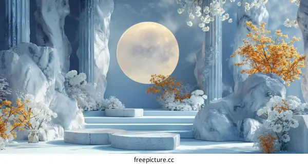 Elegant Moonlight Garden Scene Illustration