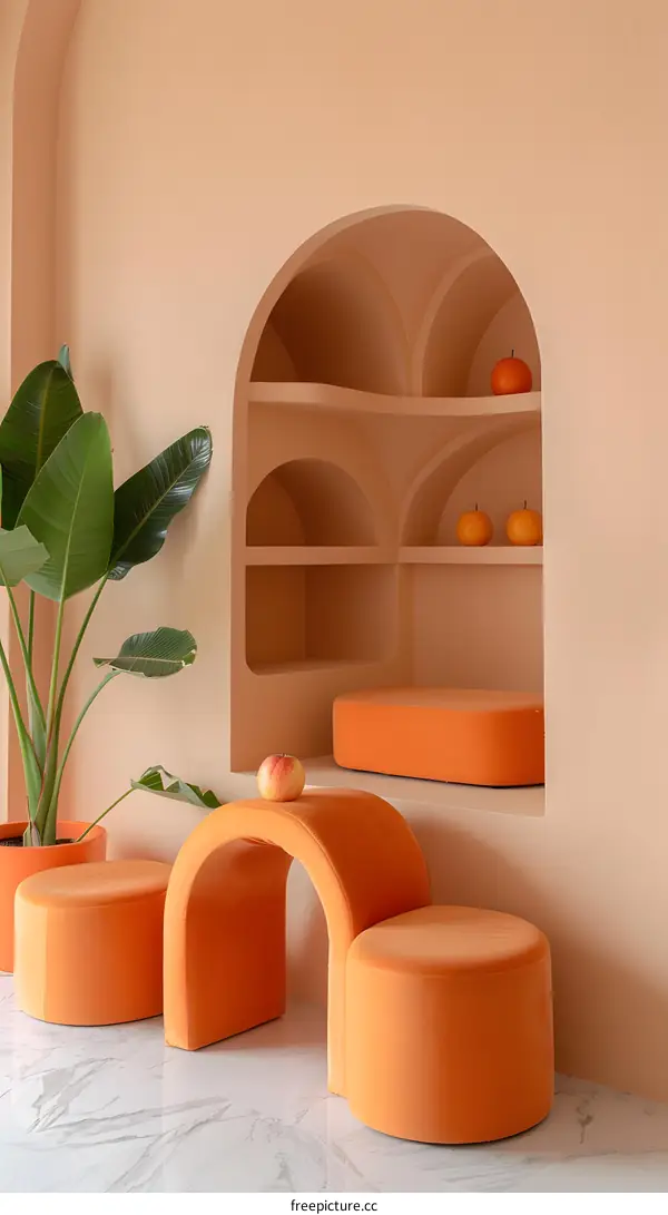 Orange Velvet Furniture in a Minimalist Room with Archway and Shelf