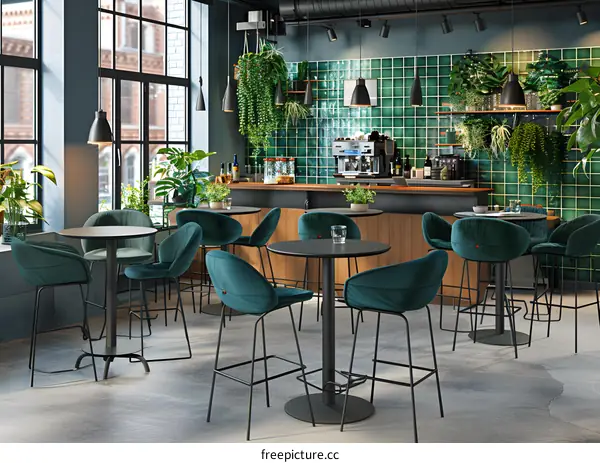 Modern Green Cafe Bar Interior Design with Plants and Bar Stools