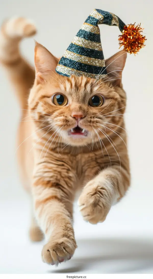 Surprised ginger cat wearing a birthday hat running towards the camera