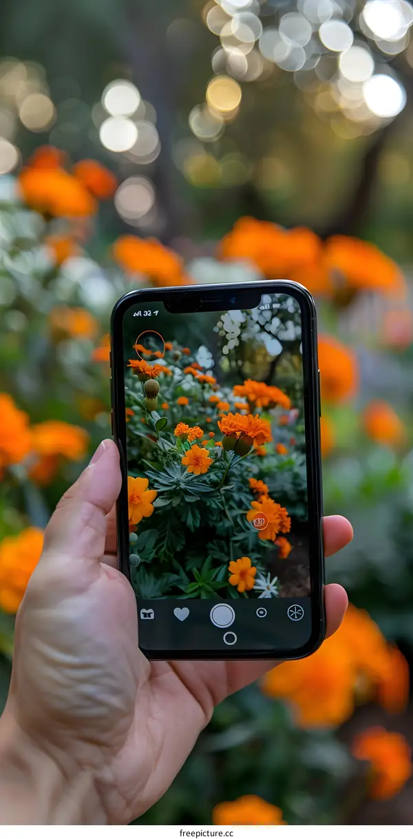 Hand Holding Phone Taking Picture of Orange Flowers