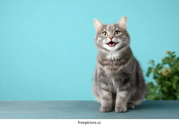 Cute Gray Cat Portrait Against a Teal Background