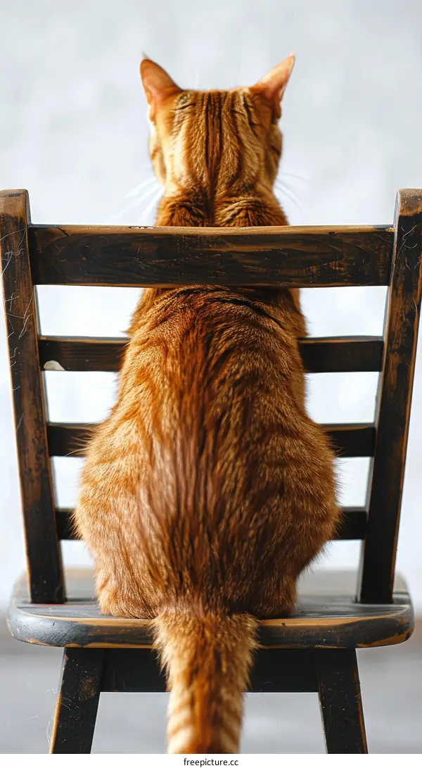 A ginger cat is sitting on a wooden chair with its back to the camera