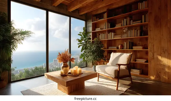 Cozy Wooden Library with Ocean View