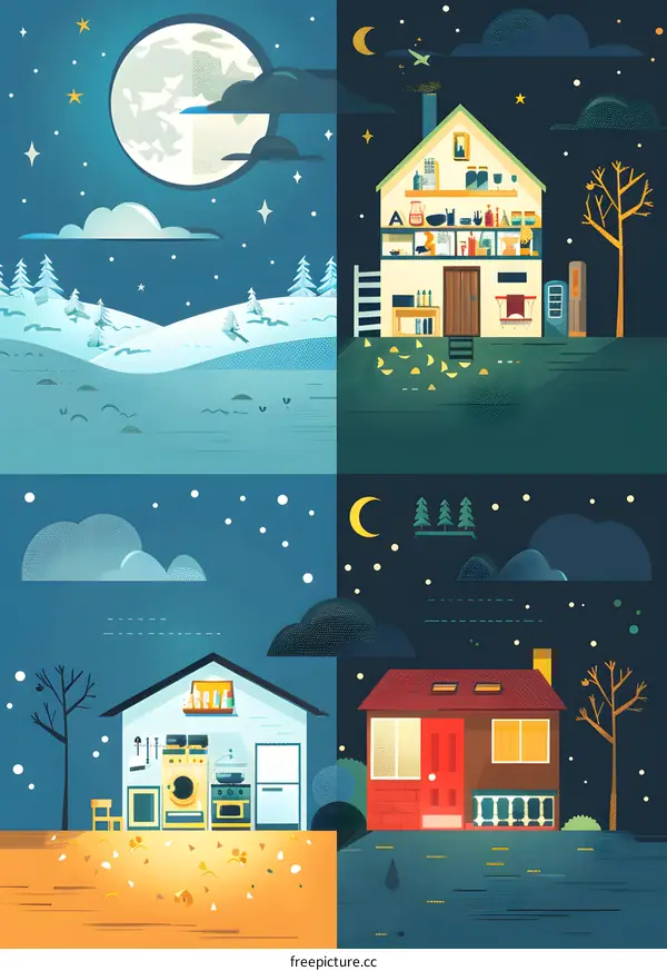 Four Seasons Night Illustration of Houses