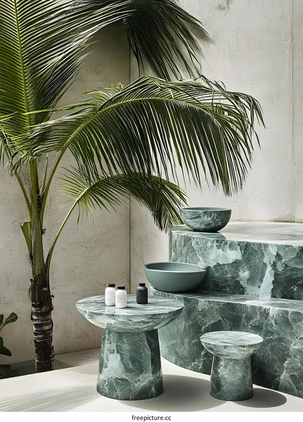 Green Marble Table and Stool with Palm Tree
