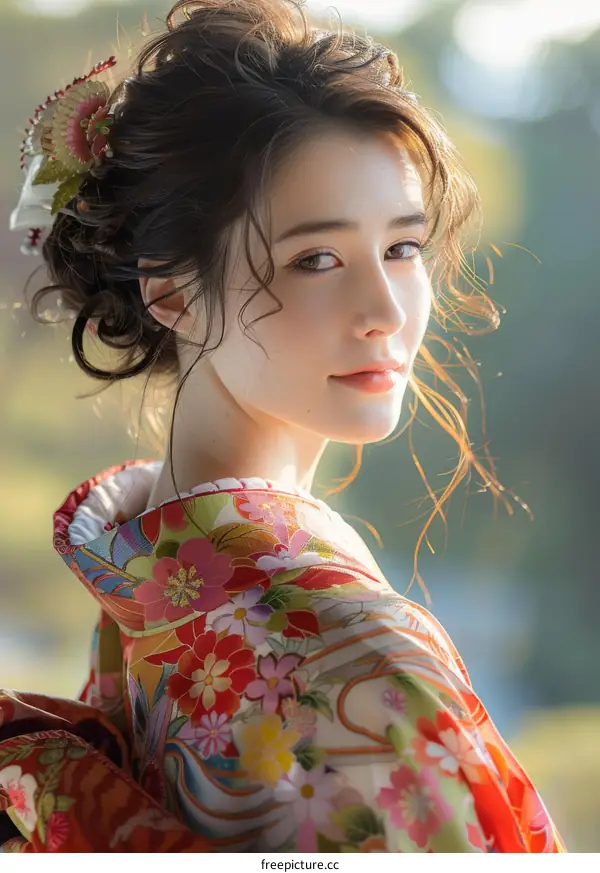 Portrait of a beautiful Japanese woman in traditional kimono