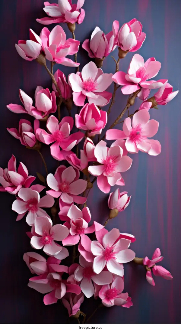 Pink magnolia flowers on a dark blue background