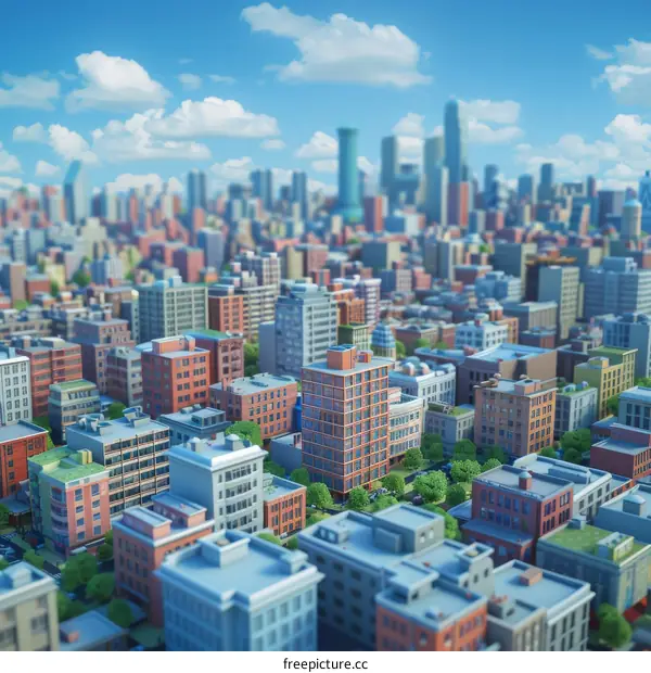 Miniature City Model with High-Rise Buildings under a Clear Blue Sky