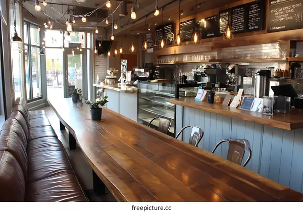 Cozy Cafe Interior with Large Wooden Table