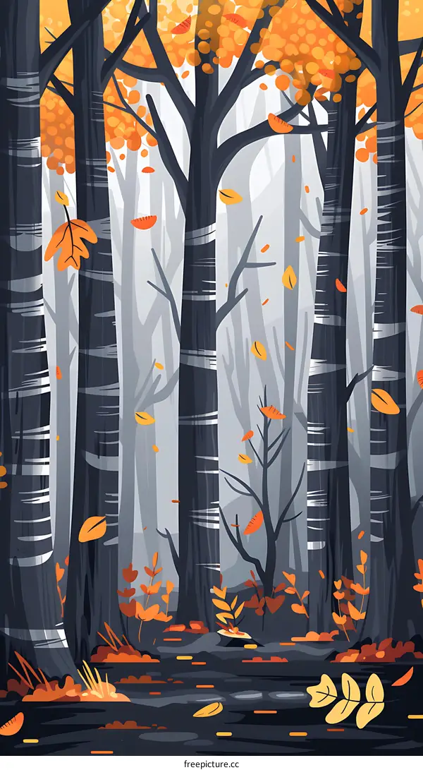Autumn Forest Illustration with Falling Leaves