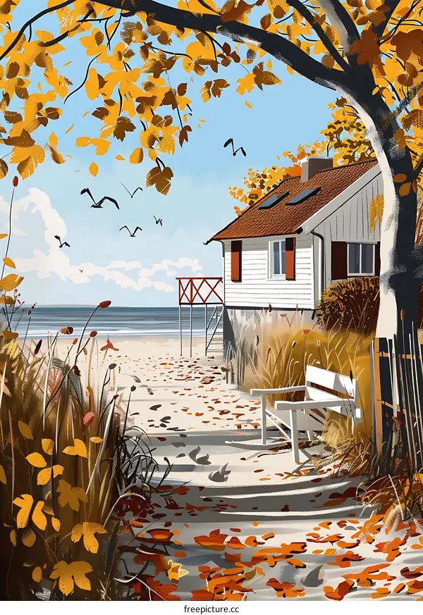 Autumn Scene with White House on Beach