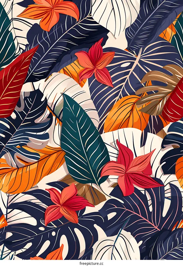 Tropical Floral Leaves Seamless Pattern Background