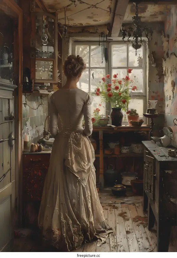 Woman in White Dress Standing in a Kitchen