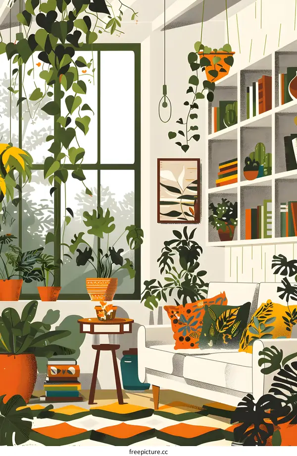 Indoor Living Room with Lots of Plants and a White Couch