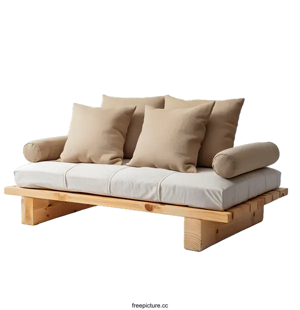 [Transparent Background PNG]Wooden Sofa with Cushions in Minimalist Style