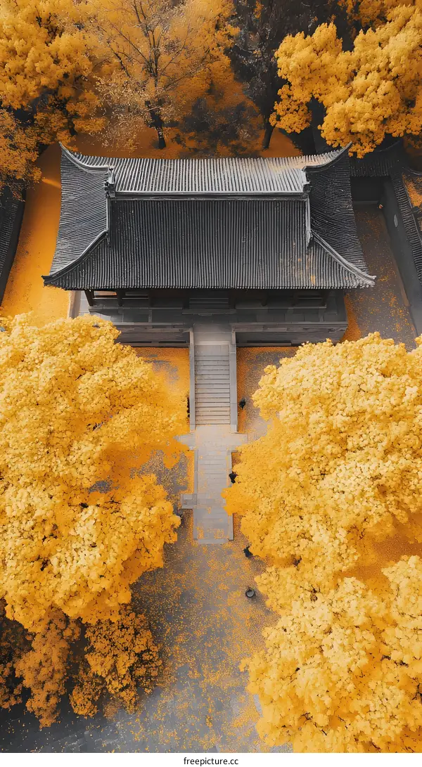 Aerial View of a Traditional Chinese Temple Surrounded by Golden Autumn Leaves
