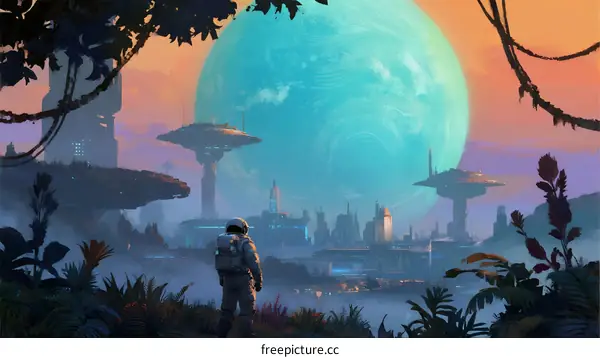 Astronaut Standing in Alien Jungle with Futuristic City