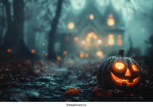 Spooky Halloween Pumpkin in a Dark Forest