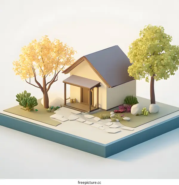 Low Poly House with a Garden and White Background
