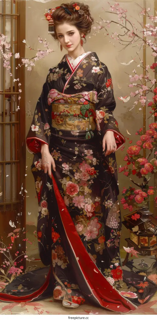 A woman wearing a kimono stands in front of a cherry blossom tree