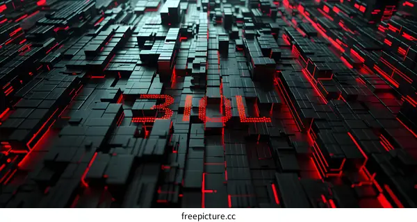 Abstract 3D Red Neon Light Design on Black Cubes