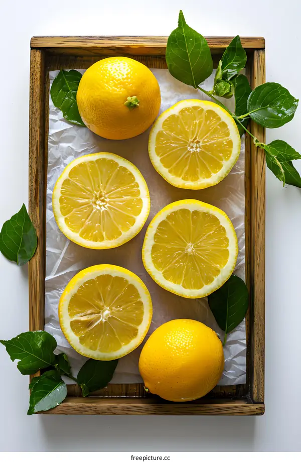 Still life photography of sliced lemons on a wooden tray