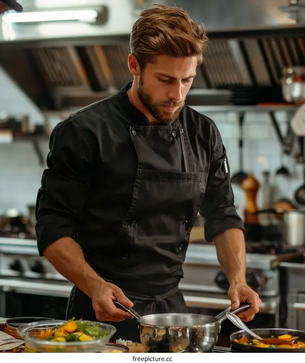 Focused male chef cooking in restaurant kitchen