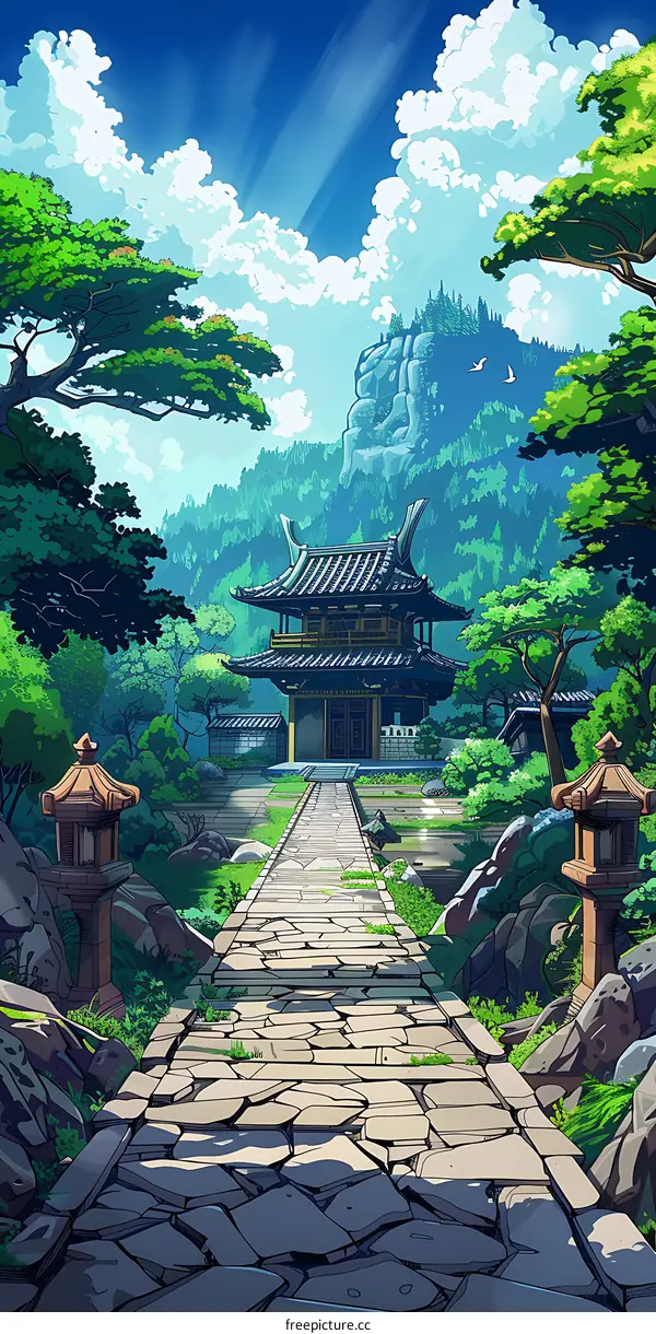 Stone Path Leading to Ancient Chinese Temple Illustration