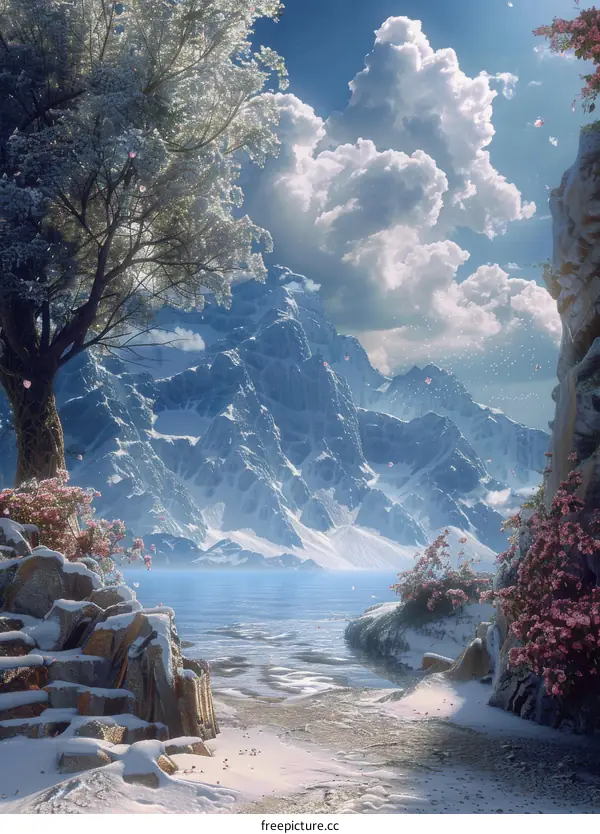 Snow-Capped Mountain, Lake and Trees