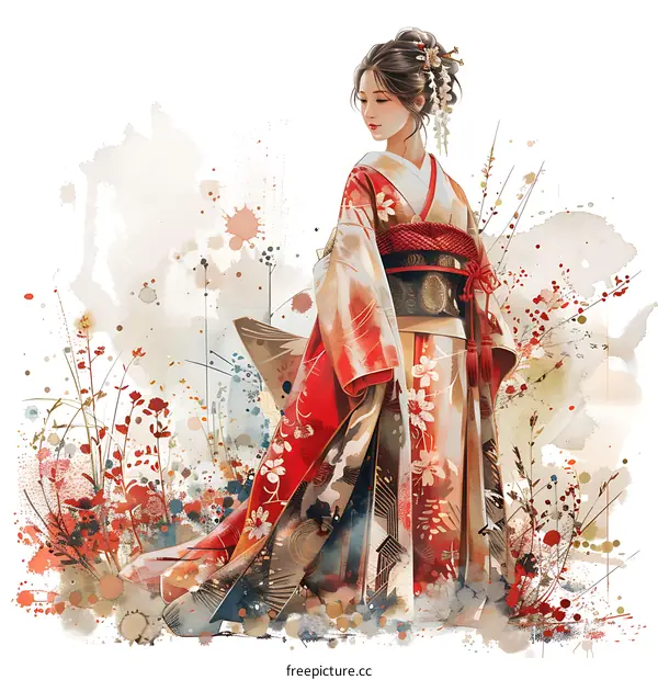 A woman wearing a kimono is standing in a field of flowers.